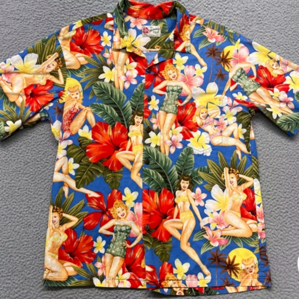 Hilo Hattie Cotton Hawaiian Shirt Pin-up Girls Retro Blue Mens Large